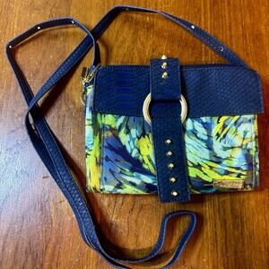 Pouchee Crossbody Organizer Bag Blue Faux Snakeskin Floral Wallet Purse